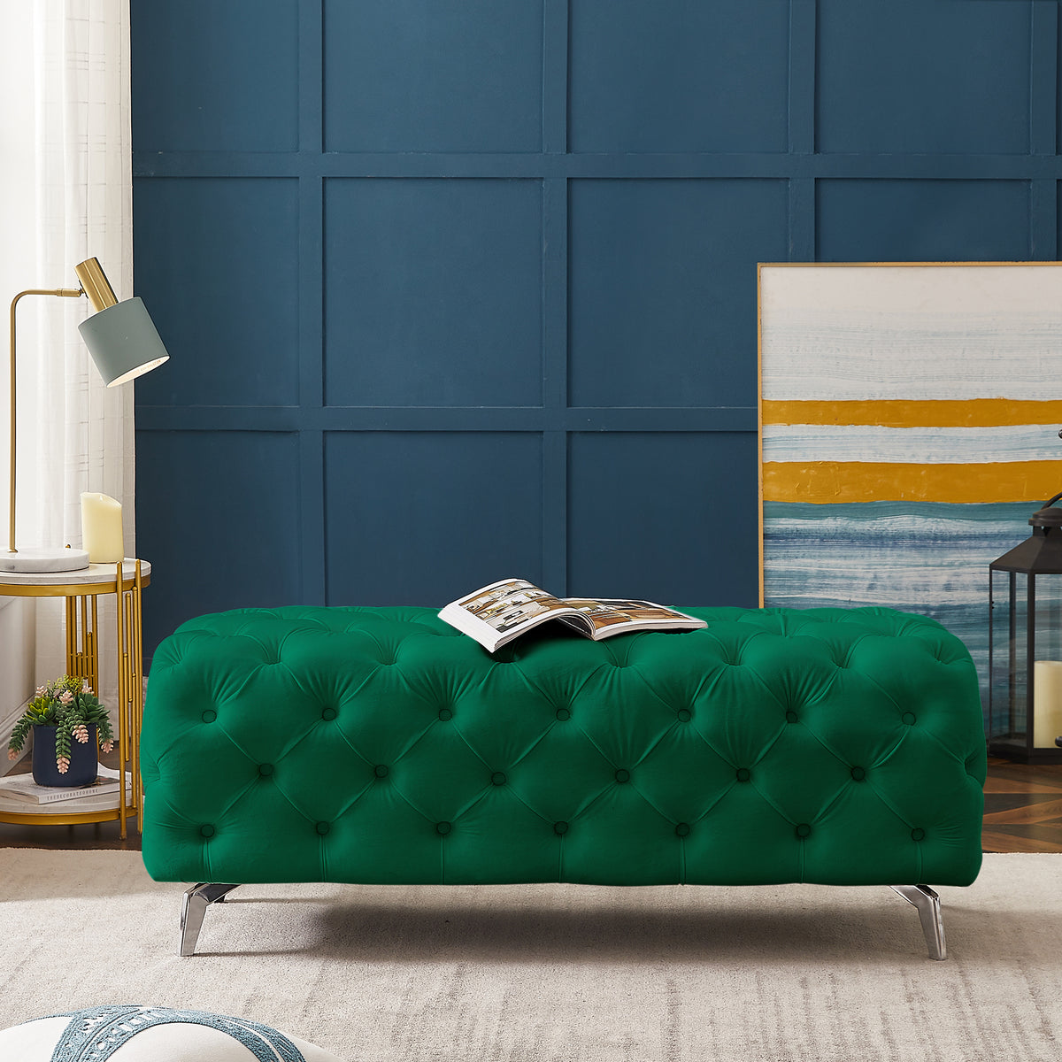 Green Button-Tufted Upholstered Velvet Ottoman Bench