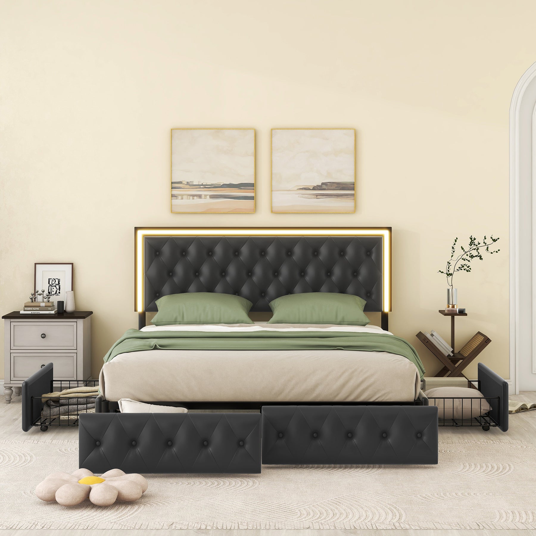 Queen Upholstered Bed Frame with 4 Storage Drawers, PU Leather Platform Bed with LED Headboard, No Box Spring Needed, Black