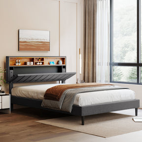 Queen Size Upholstered Platform Bed with Storage Headboard