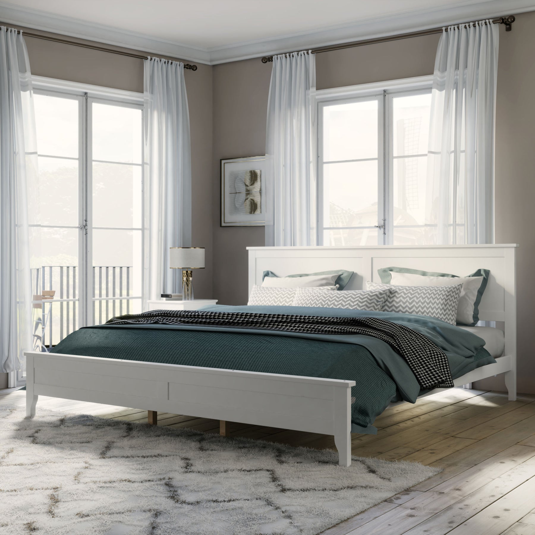 Modern White Solid Wood King Platform Bed