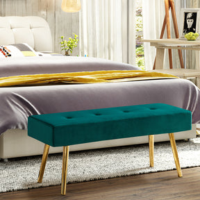 Dark Green Velvet Long Bench with Gold Legs