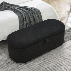 Modern Upholstered Fabric Storage Ottoman Bench with Safety Hinge (Black Teddy)