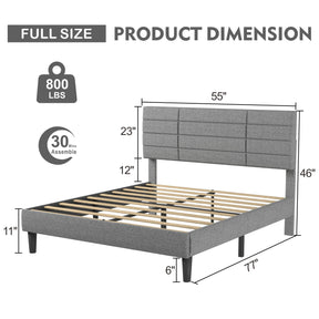 Molblly Full Size Bed Frame with Upholstered Headboard, Strong Frame, and Wooden Slats Support, Non-Slip and Noise-Free, No Box Spring Needed, Easy Assembly, Light Grey