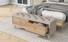 Upholstered Wooden Storage Ottoman Bench with 2 Drawers (Beige)