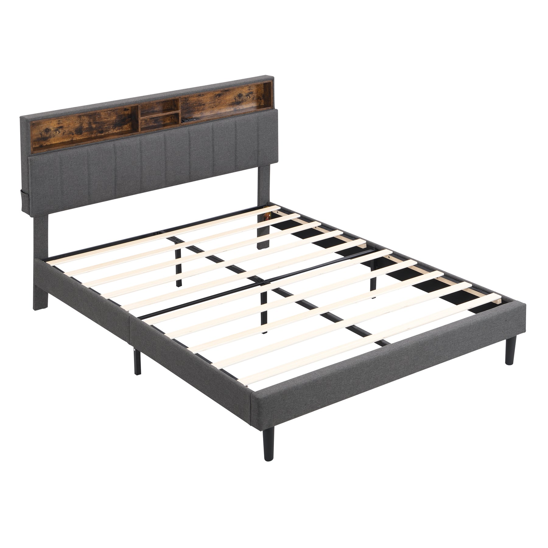 Queen Size Upholstered Platform Bed with Storage Headboard