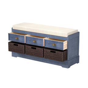 Storage Bench with 3 Drawers | 3 Rattan Baskets and Removable Cushion (Blue)