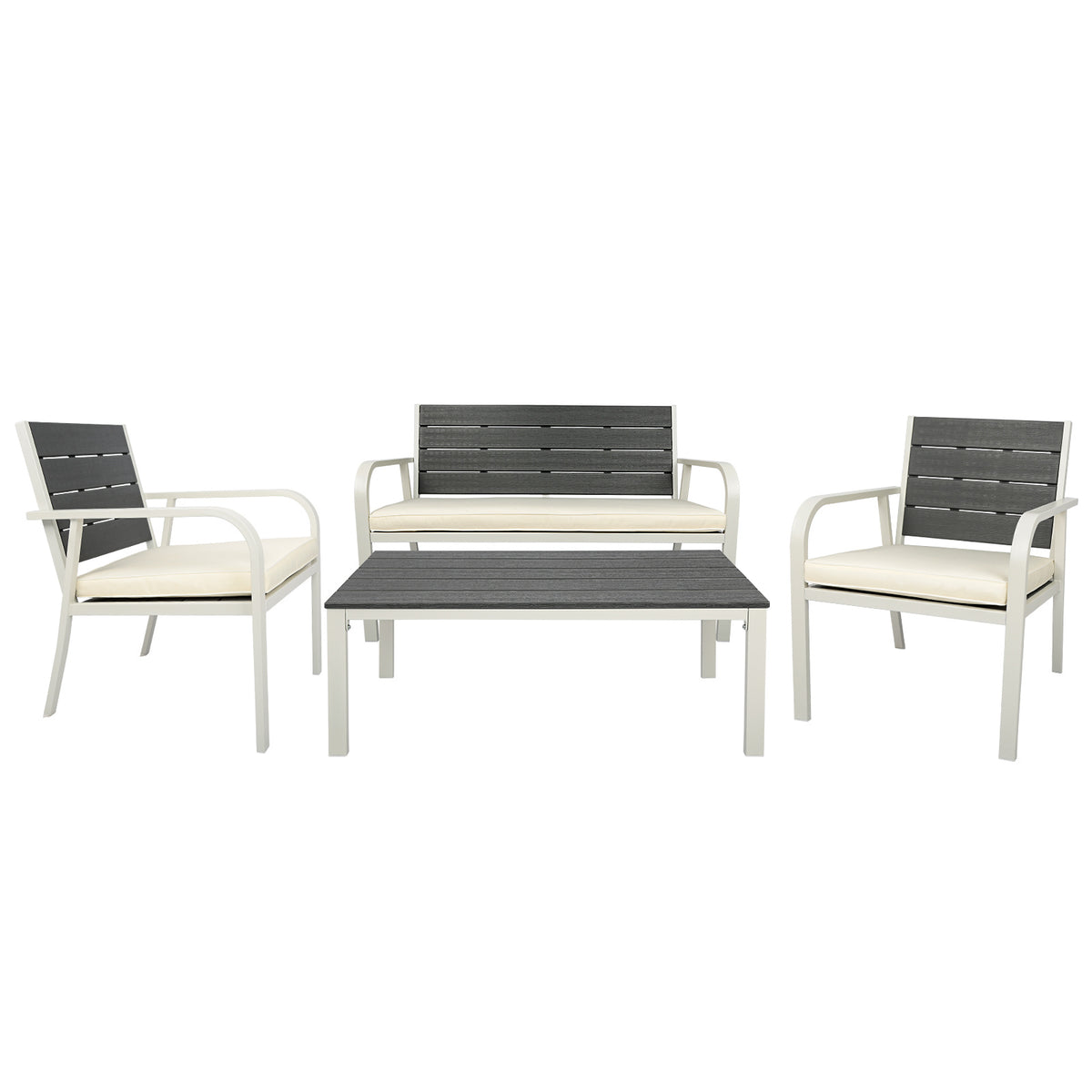 4 Pieces Patio Garden Sofa Conversation Set Wood Grain Design PE Steel Frame