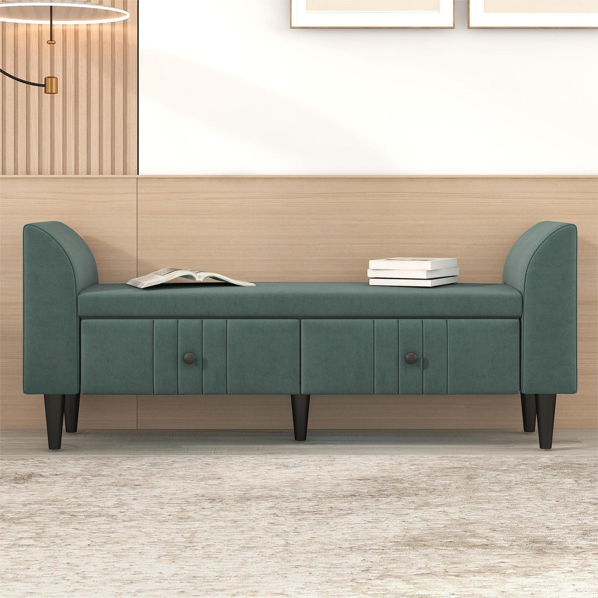 Upholstered Wooden Storage Ottoman Bench with 2 Drawers (Green)