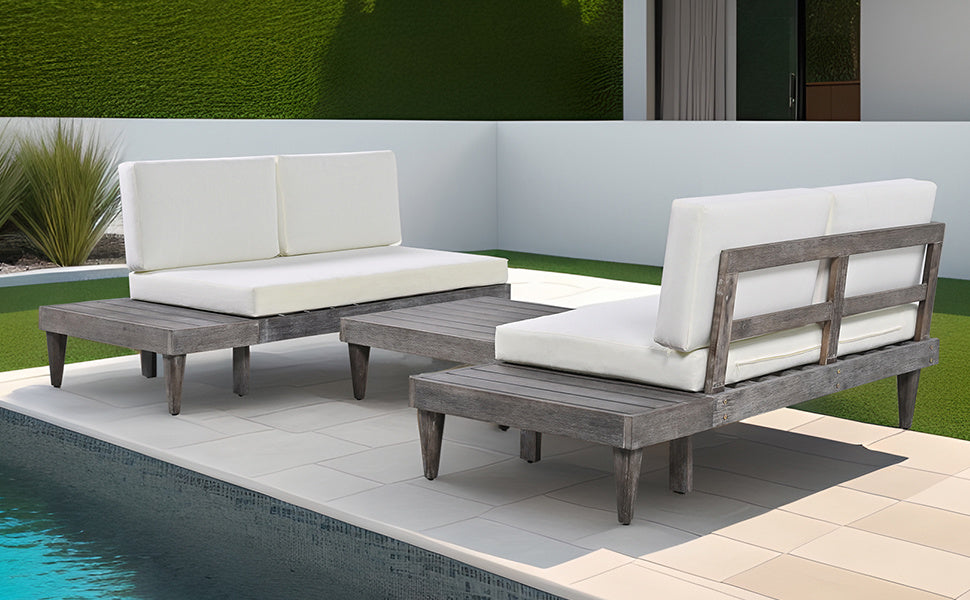 Outdoor 3-Piece Patio Furniture Set Solid Wood Sectional Sofa Set with Coffee Table