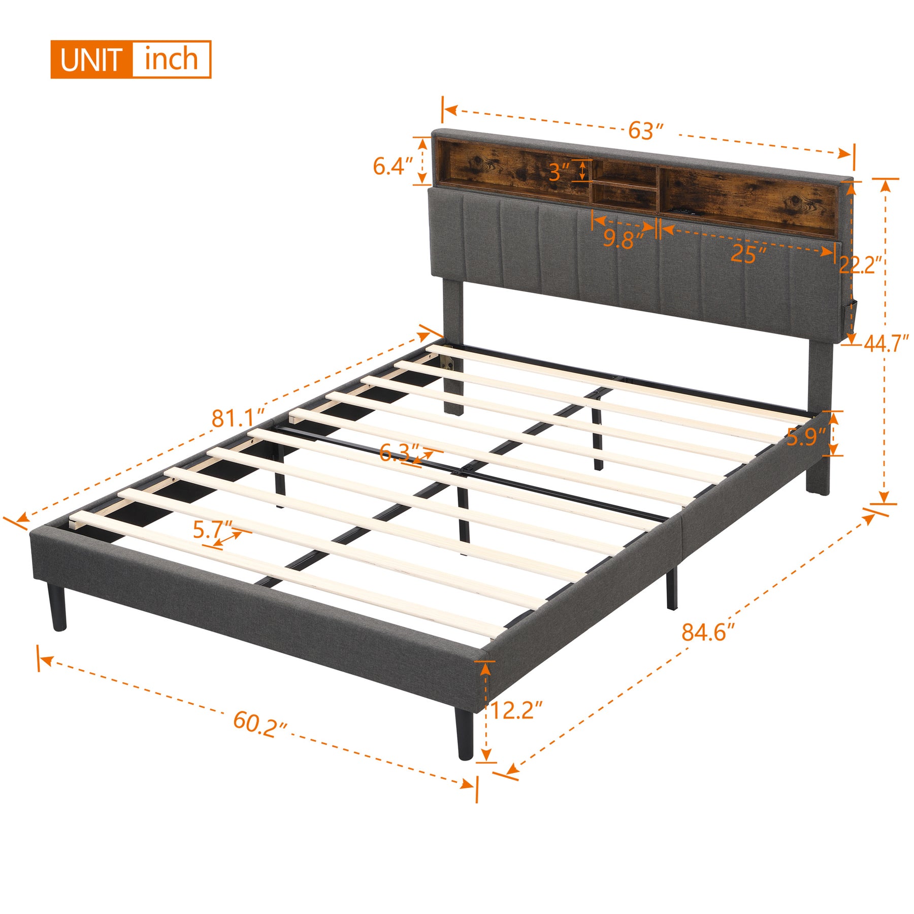 Queen Size Upholstered Platform Bed with Storage Headboard