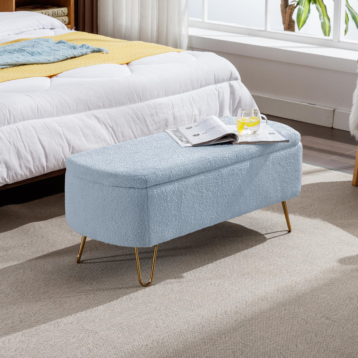 Modern Blue Storage Ottoman Bench with Gold Legs