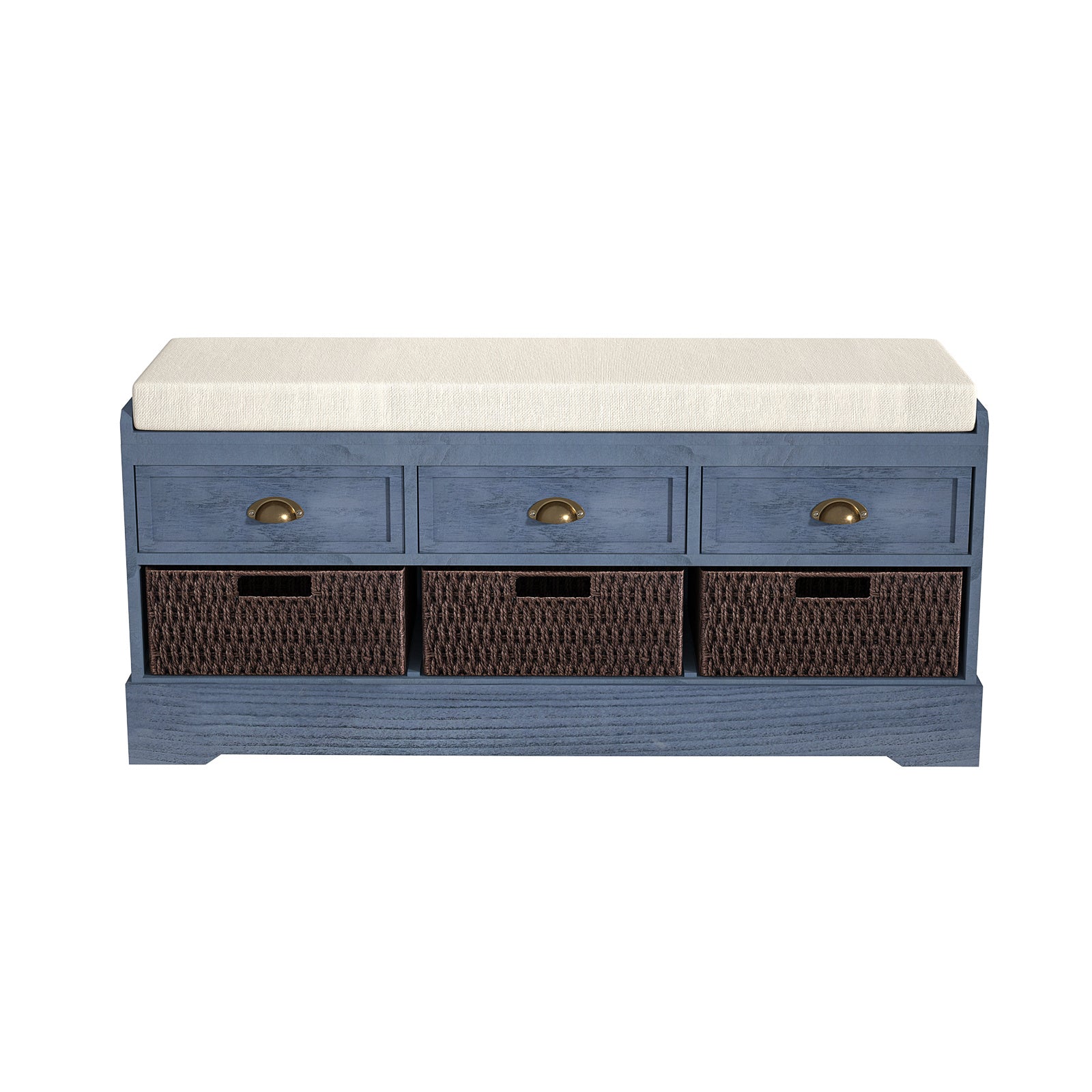 Storage Bench with 3 Drawers | 3 Rattan Baskets and Removable Cushion (Blue)