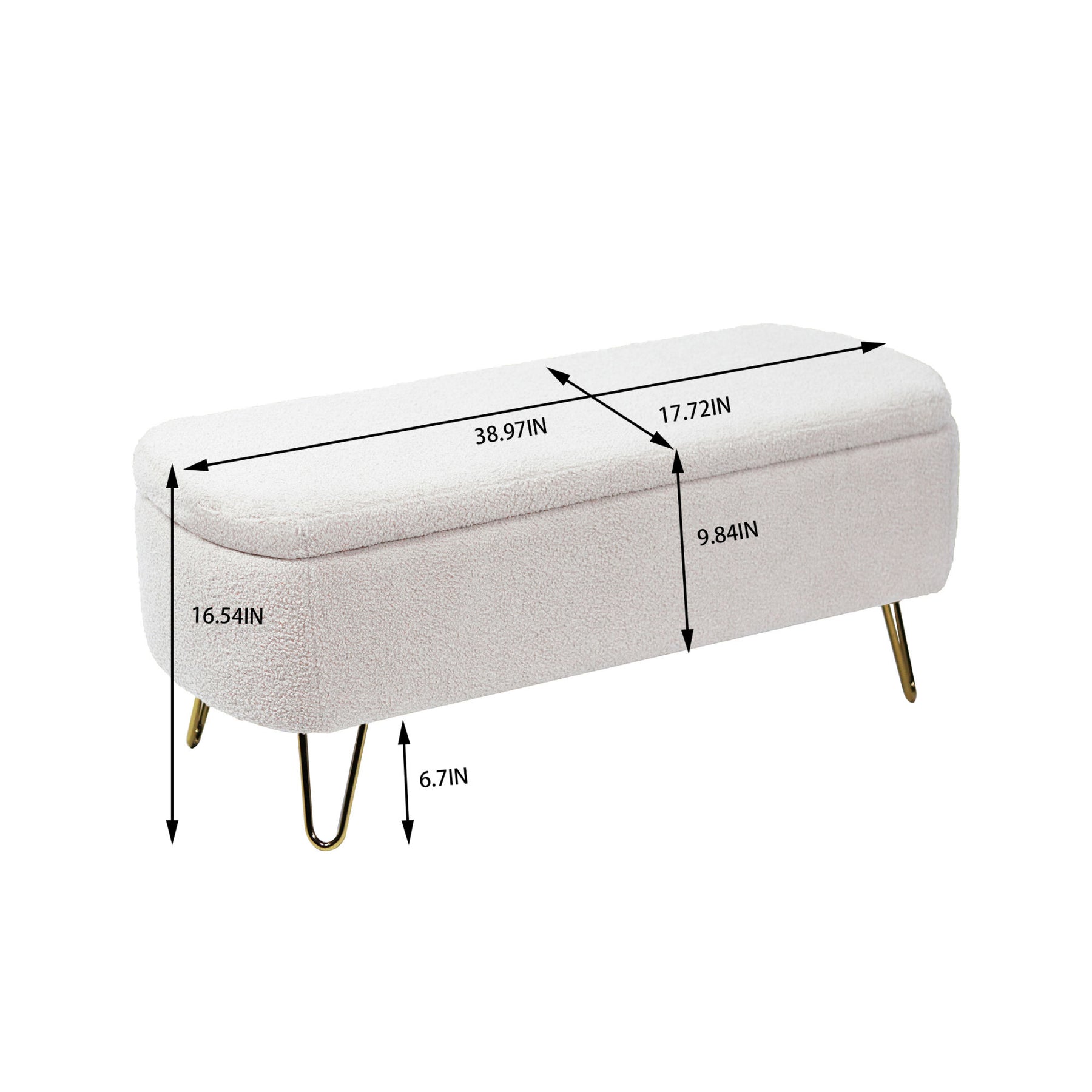 Modern Ivory White Faux Fur Storage Ottoman Bench with Gold Legs