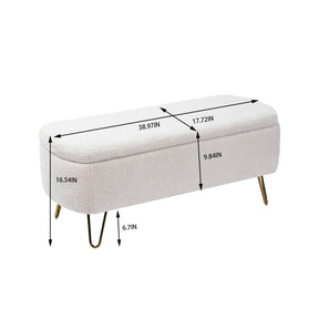 Modern Ivory White Faux Fur Storage Ottoman Bench with Gold Legs