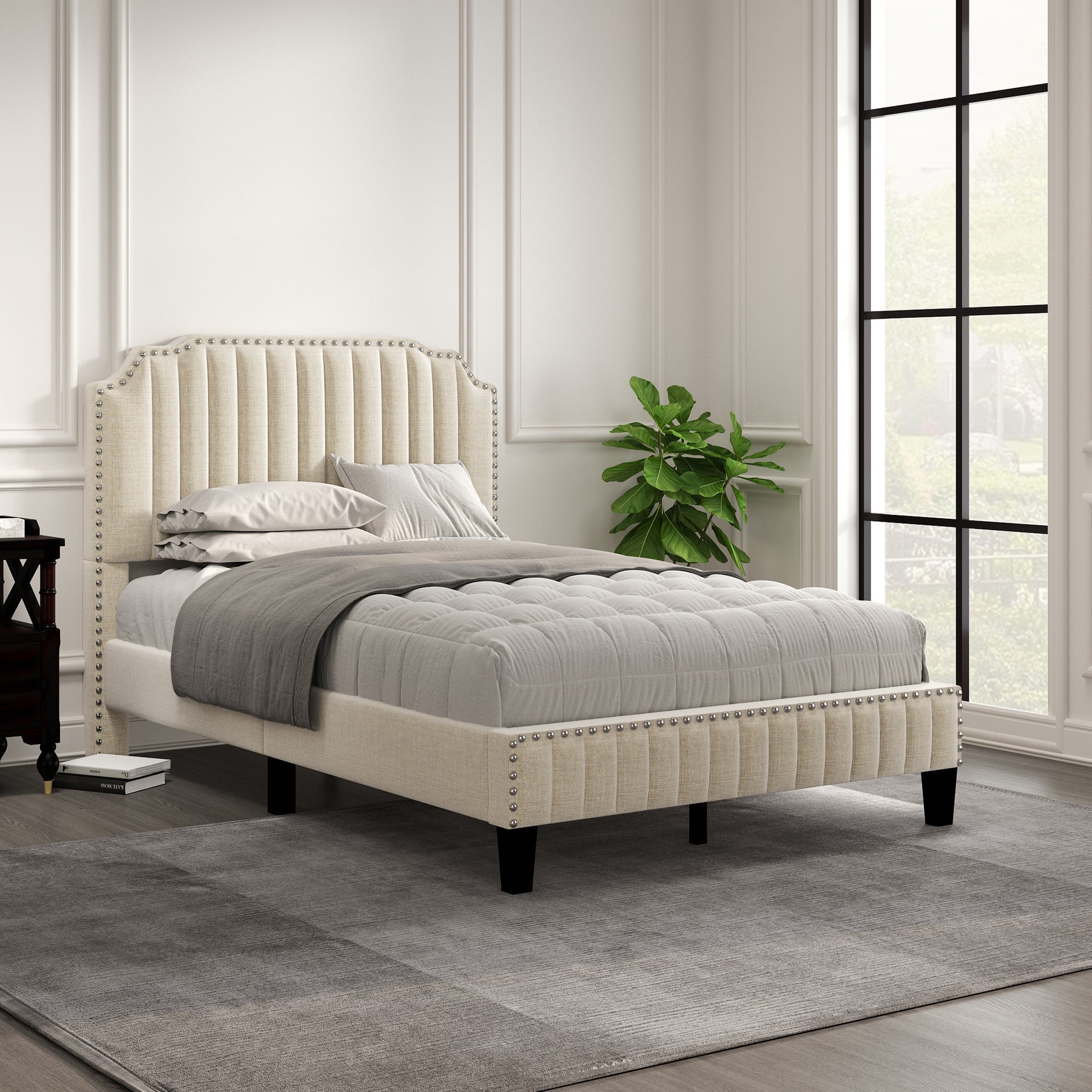 Modern Curved Linen Upholstered Platform Bed | Full Size