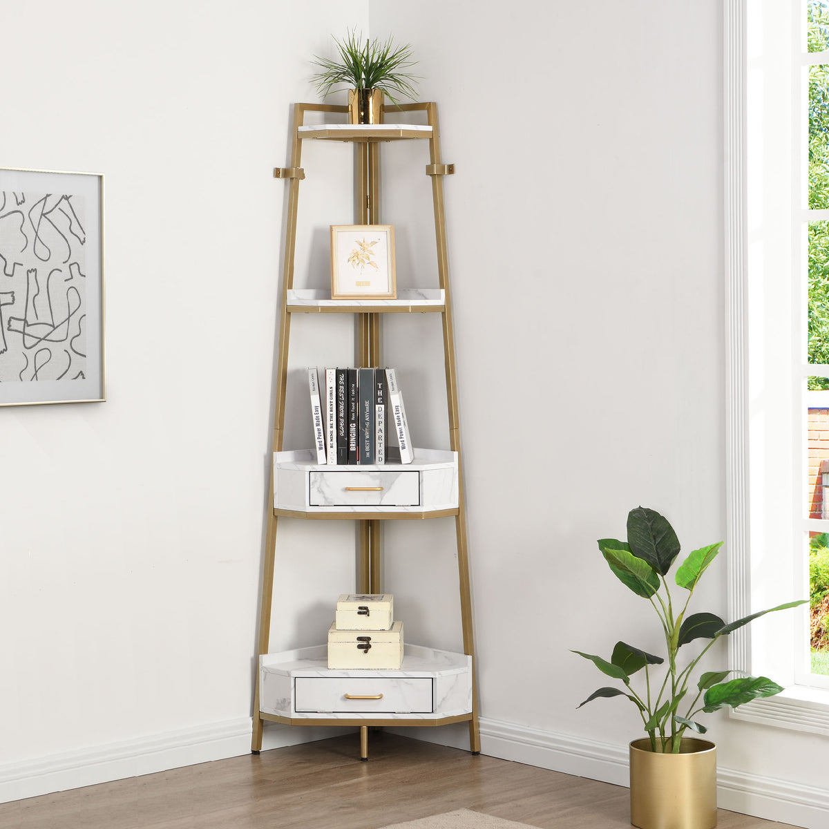 Corner Shelf with Two Drawers Bookcase