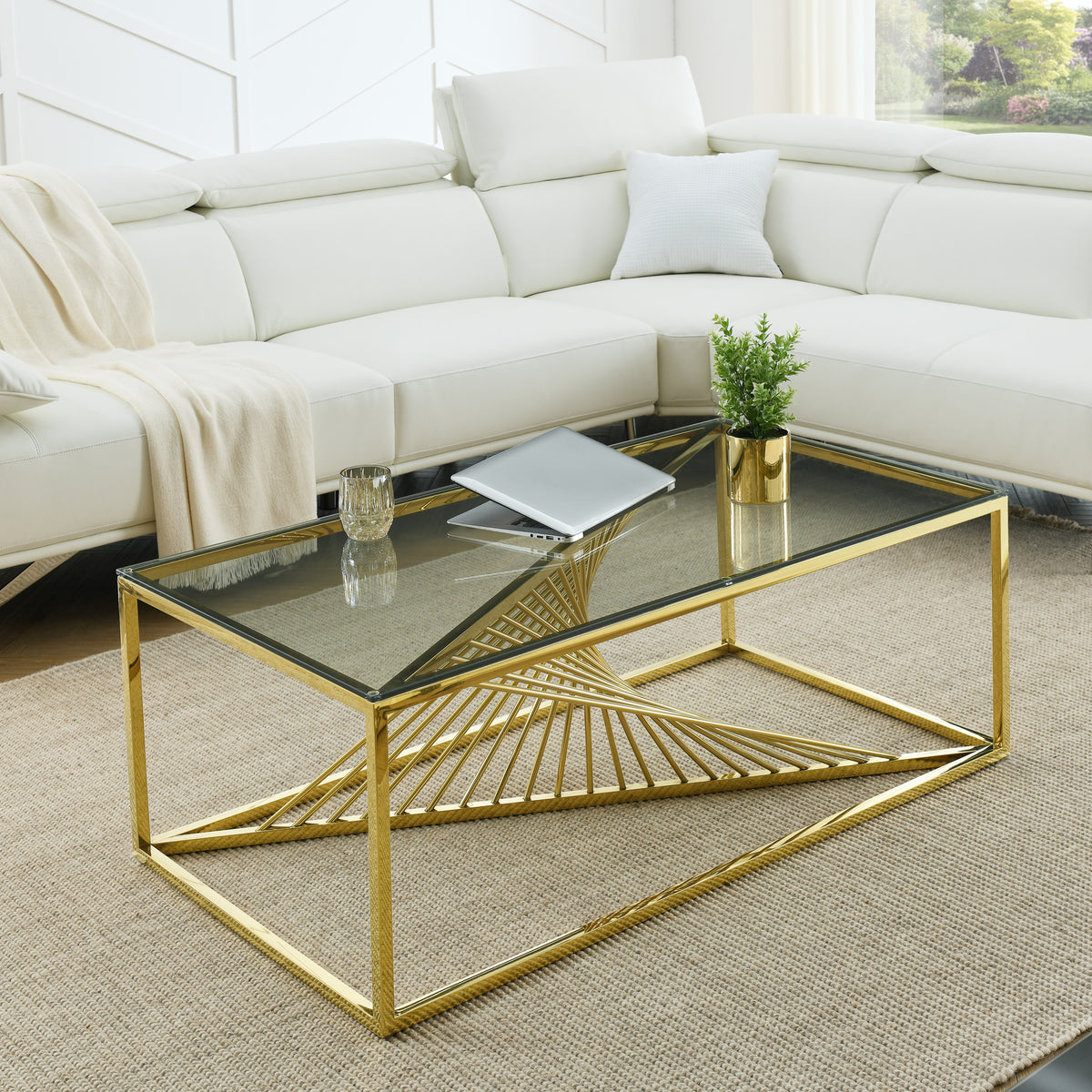 Modern Rectangular Coffee Accent Table with Clear Tempered Glass