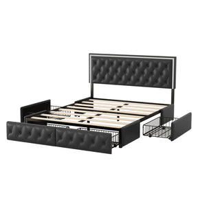 Queen Bed Frame with 4 Storage Drawers, PU Leather Platform