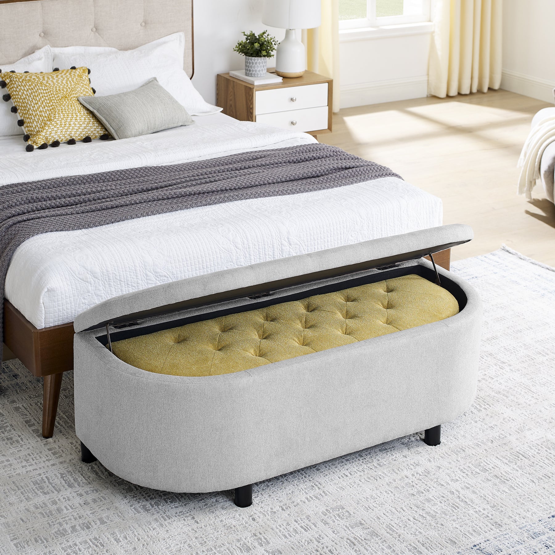 2 Modern Grey & Yellow Linen Storage Ottomans