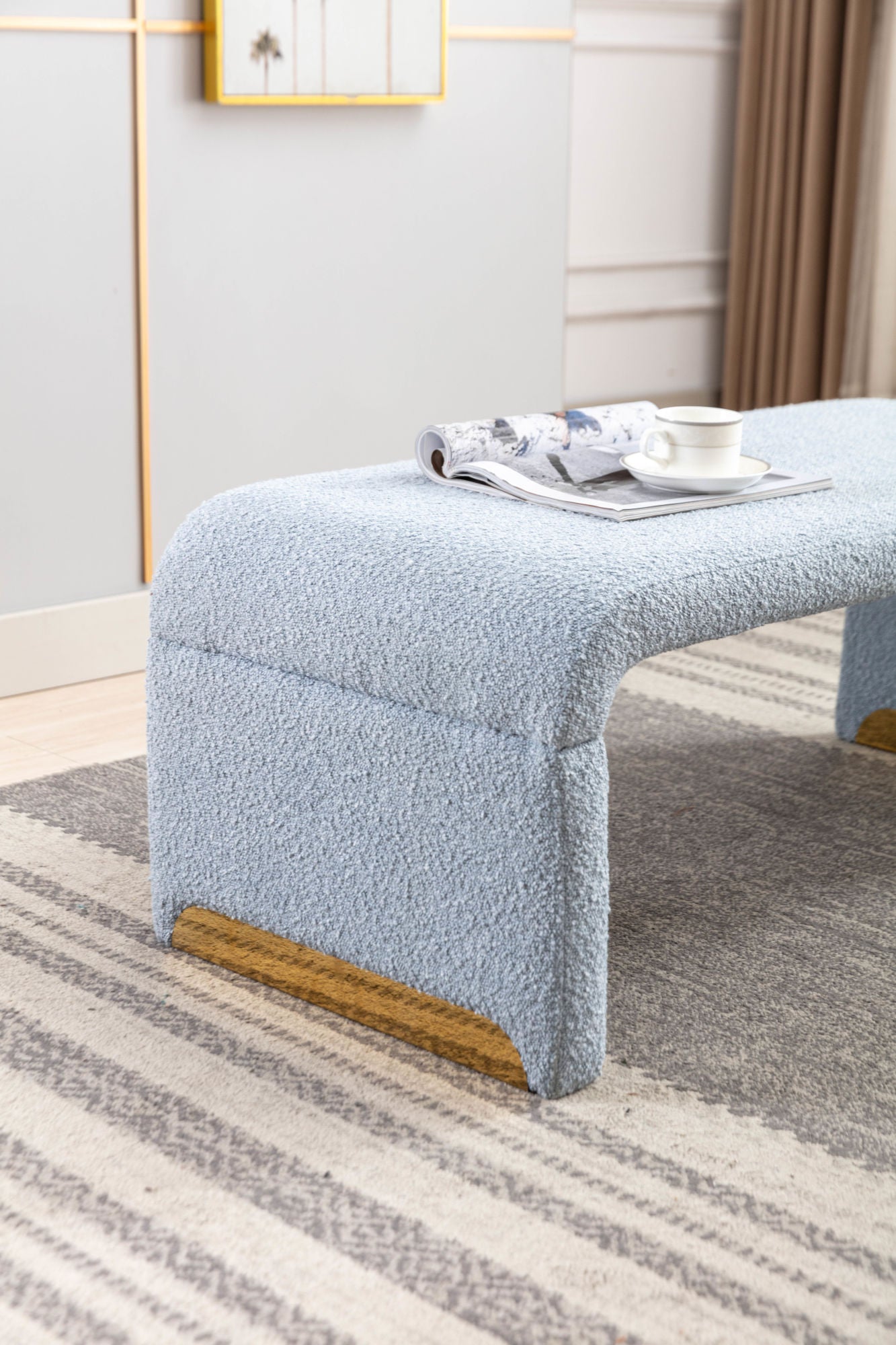 Blue Boucle Fabric Loveseat Ottoman Bench with Gold Metal Legs