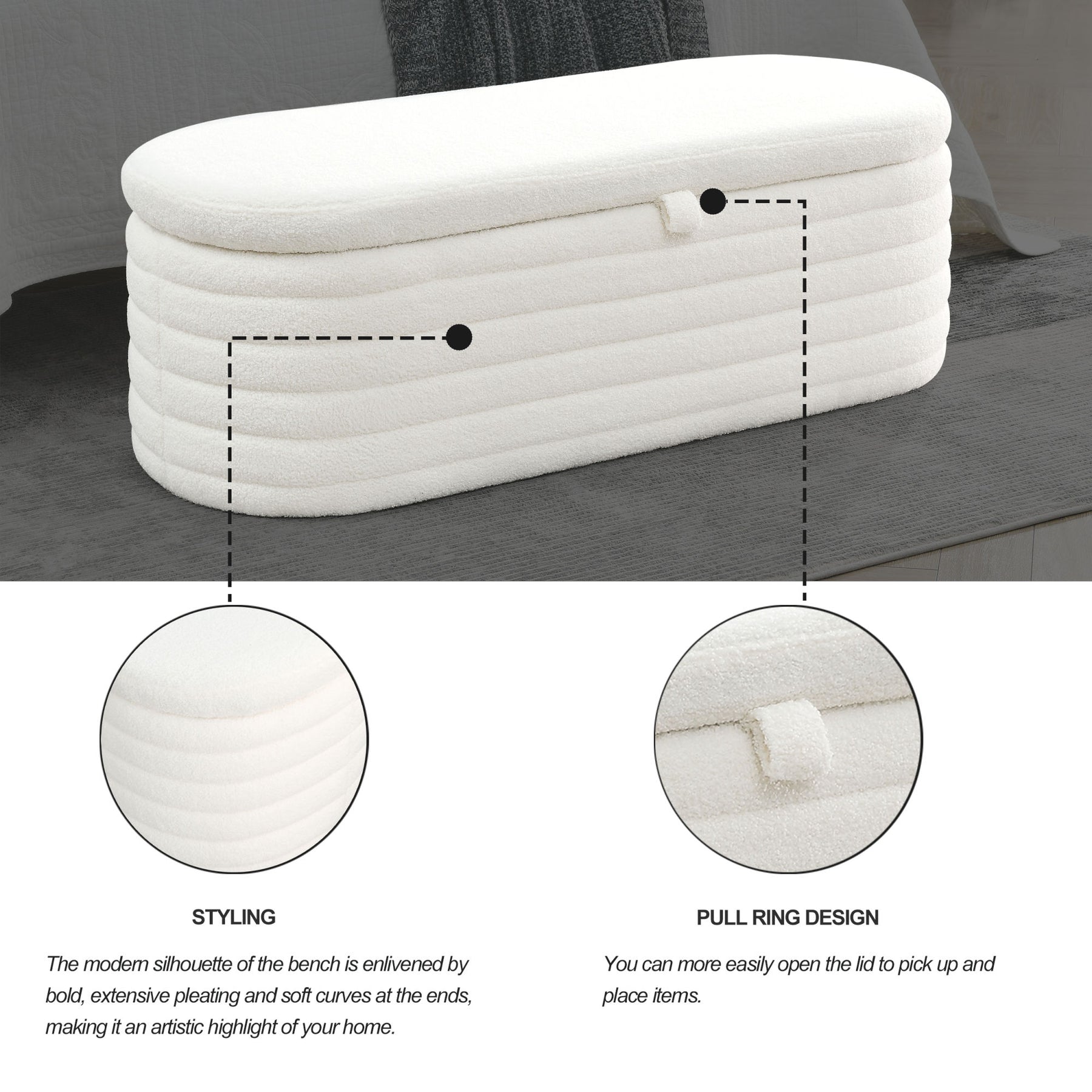 Modern Upholstered Fabric Storage Ottoman Bench with Safety Hinge (White Teddy)