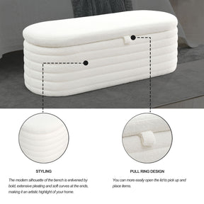 Modern Upholstered Fabric Storage Ottoman Bench with Safety Hinge (White Teddy)