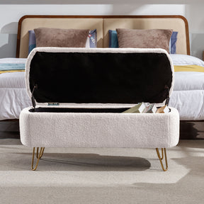 Modern Ivory White Faux Fur Storage Ottoman Bench with Gold Legs