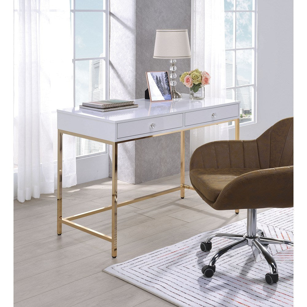 Ottey Writing Desk in White High Gloss & Gold