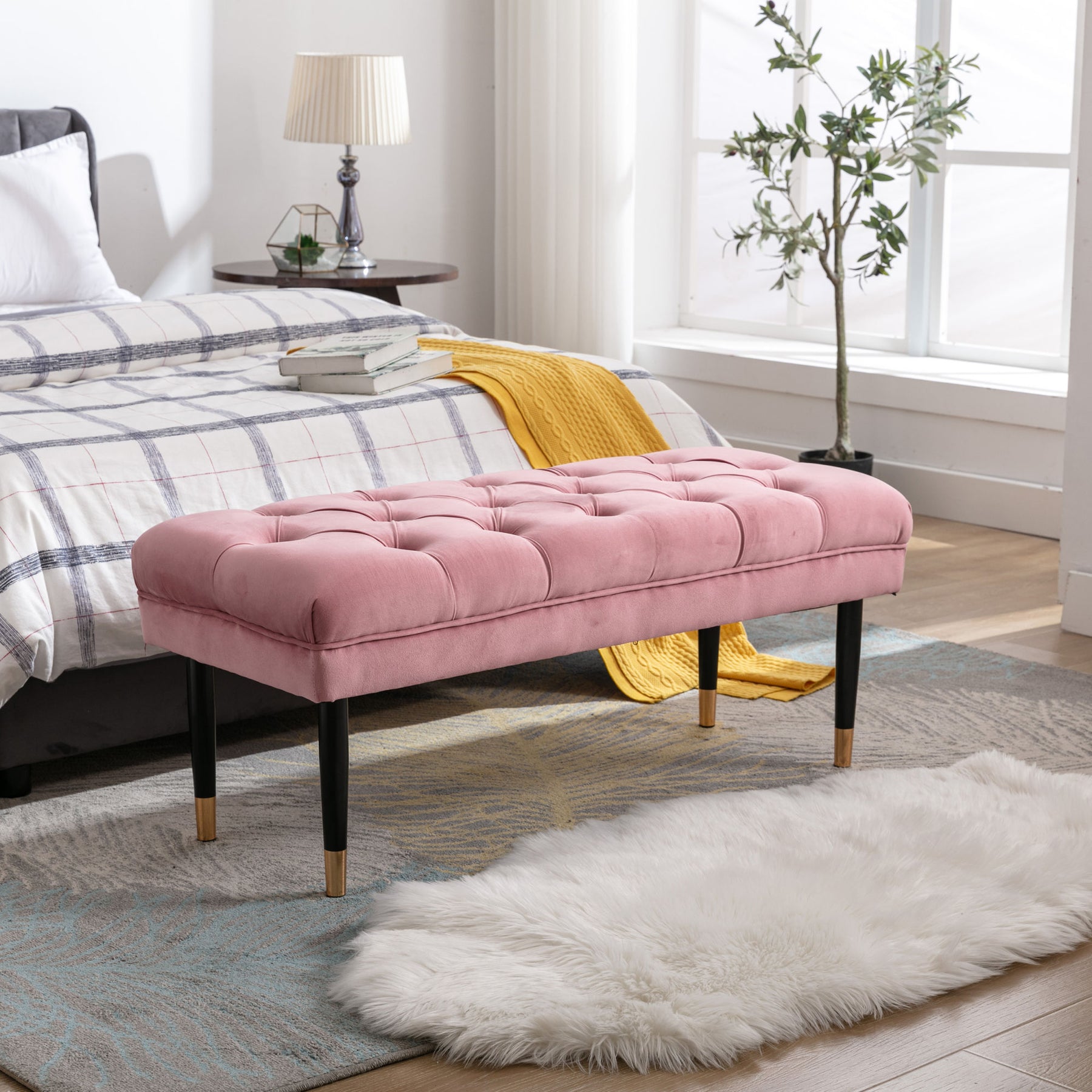 Modern Velvet Tufted-Button Ottoman Bench with Metal Legs (Pink)