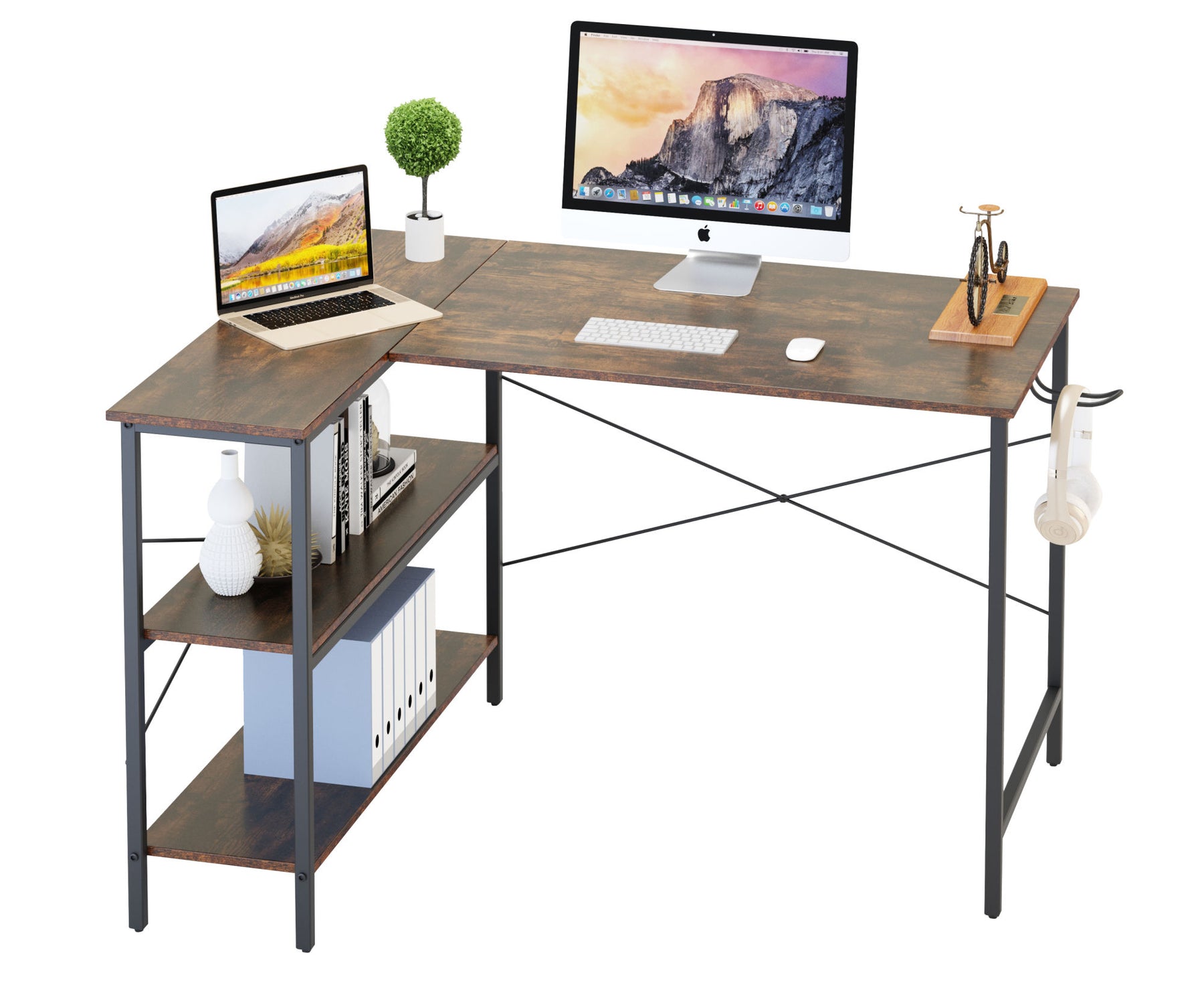 L-Shaped Computer Desk in Rustic Brown Finish