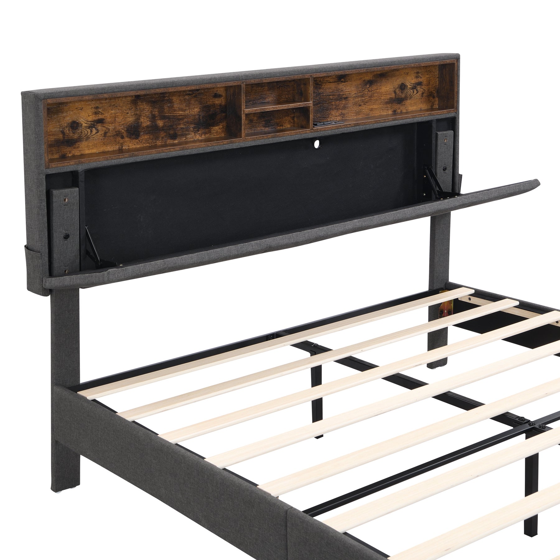 Queen Size Upholstered Platform Bed with Storage Headboard