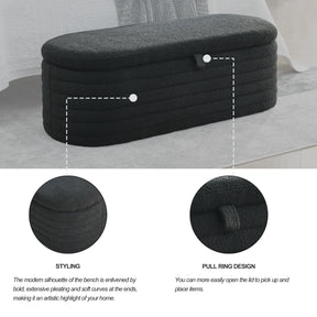 Modern Upholstered Fabric Storage Ottoman Bench with Safety Hinge (Black Teddy)