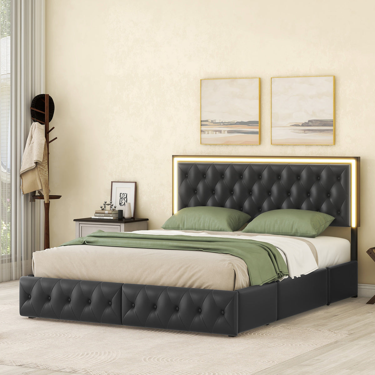 Queen Upholstered Bed Frame with 4 Storage Drawers, PU Leather Platform Bed with LED Headboard, No Box Spring Needed, Black