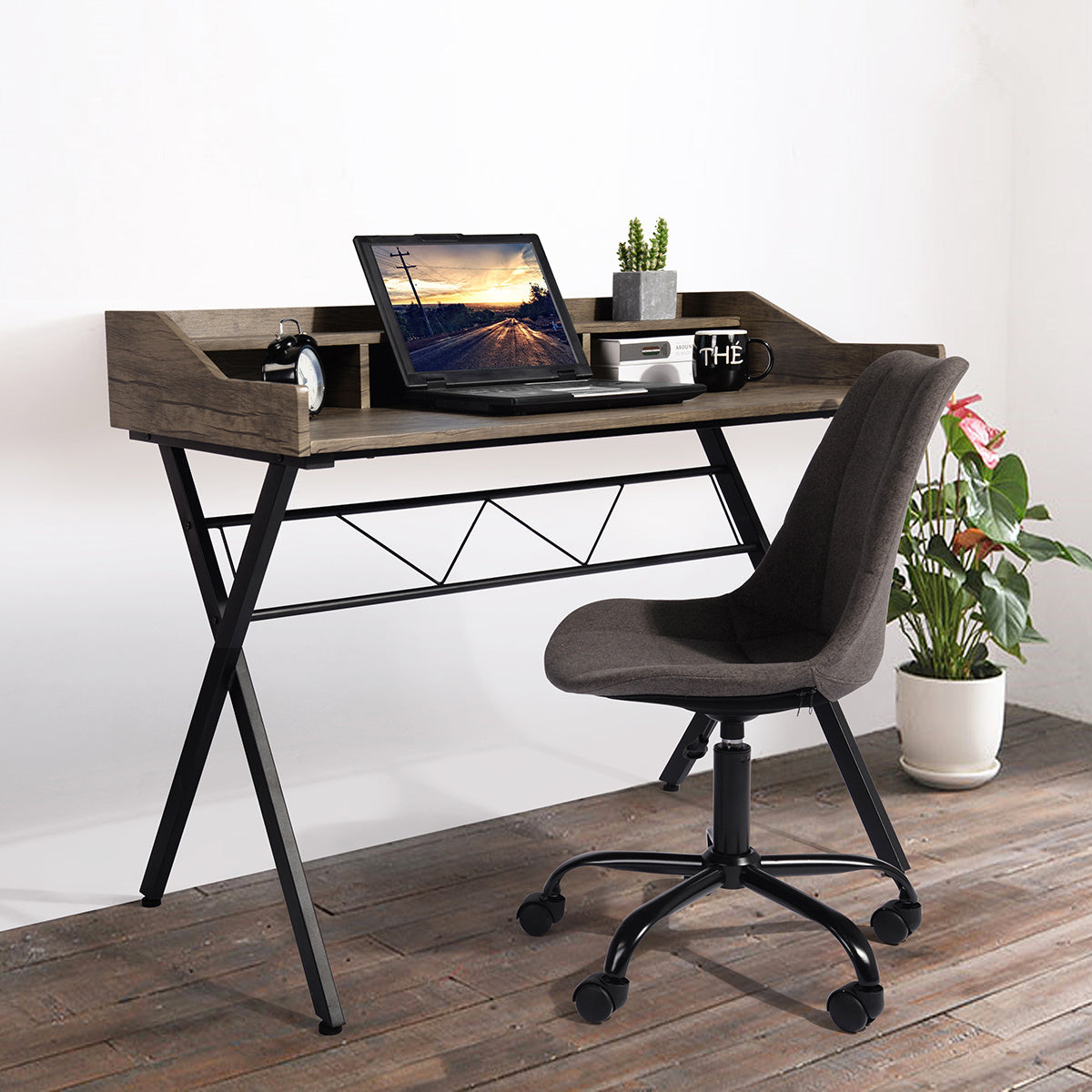 Computer Desk With 3 Open Cubbies in Beige & White