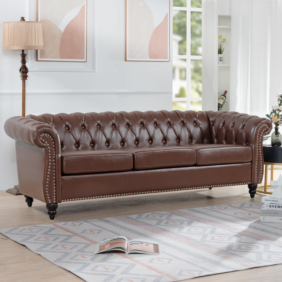 Dark Brown PU Rolled Arm Chesterfield Three Seater Sofa