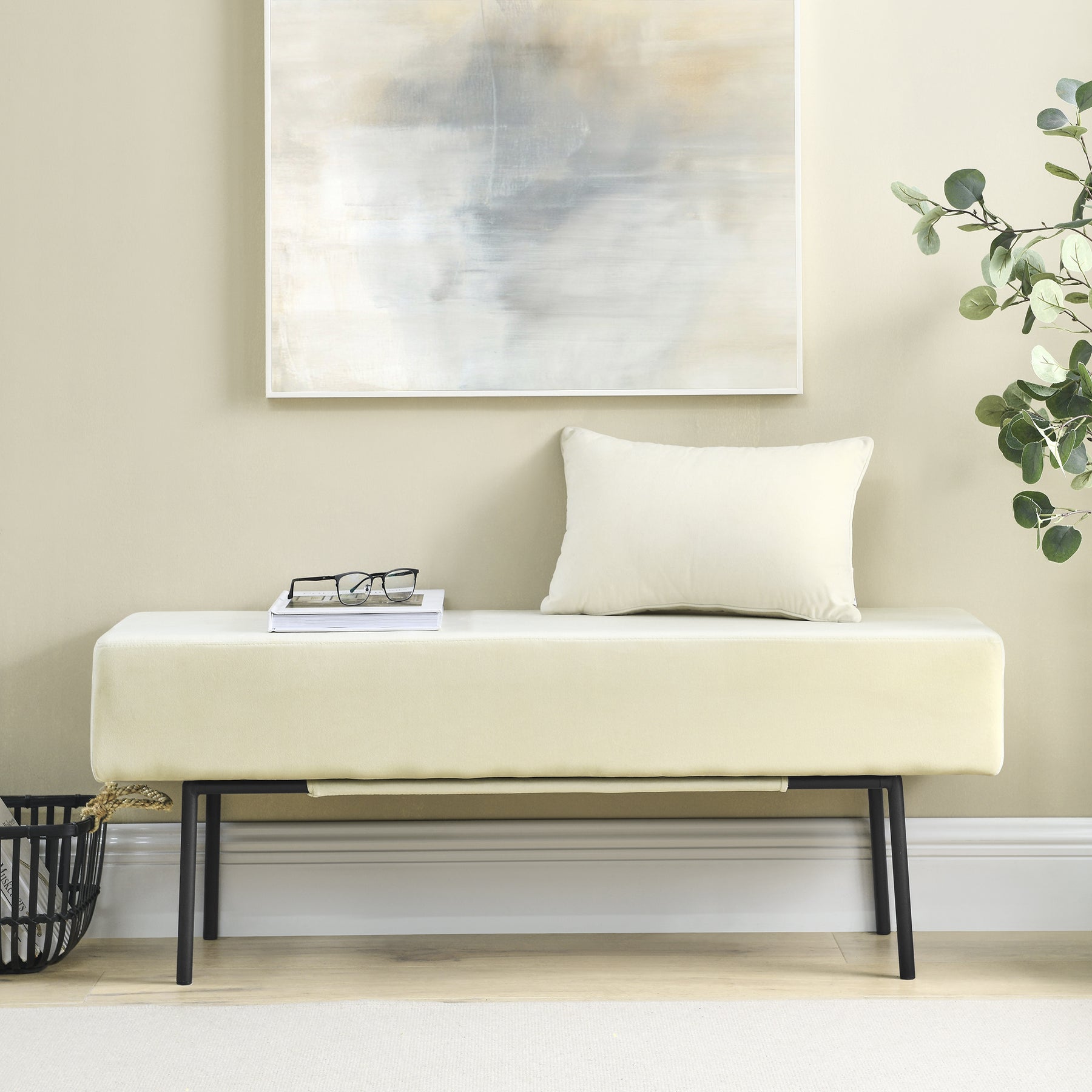 Beige Contemporary Style Bedroom Velvet Upholstered Bench