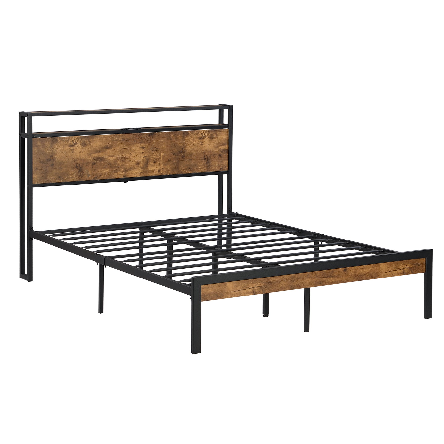 Queen Size Metal Platform Bed Frame with Wooden Headboard and Footboard with USB LINER, No Box Spring Needed, Large Under Bed Storage, Easy Assemble