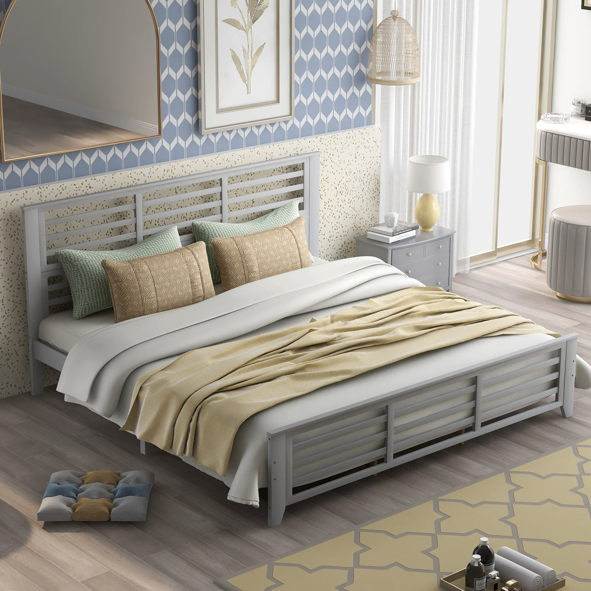 Platform bed with horizontal strip hollow shape, King size, gray