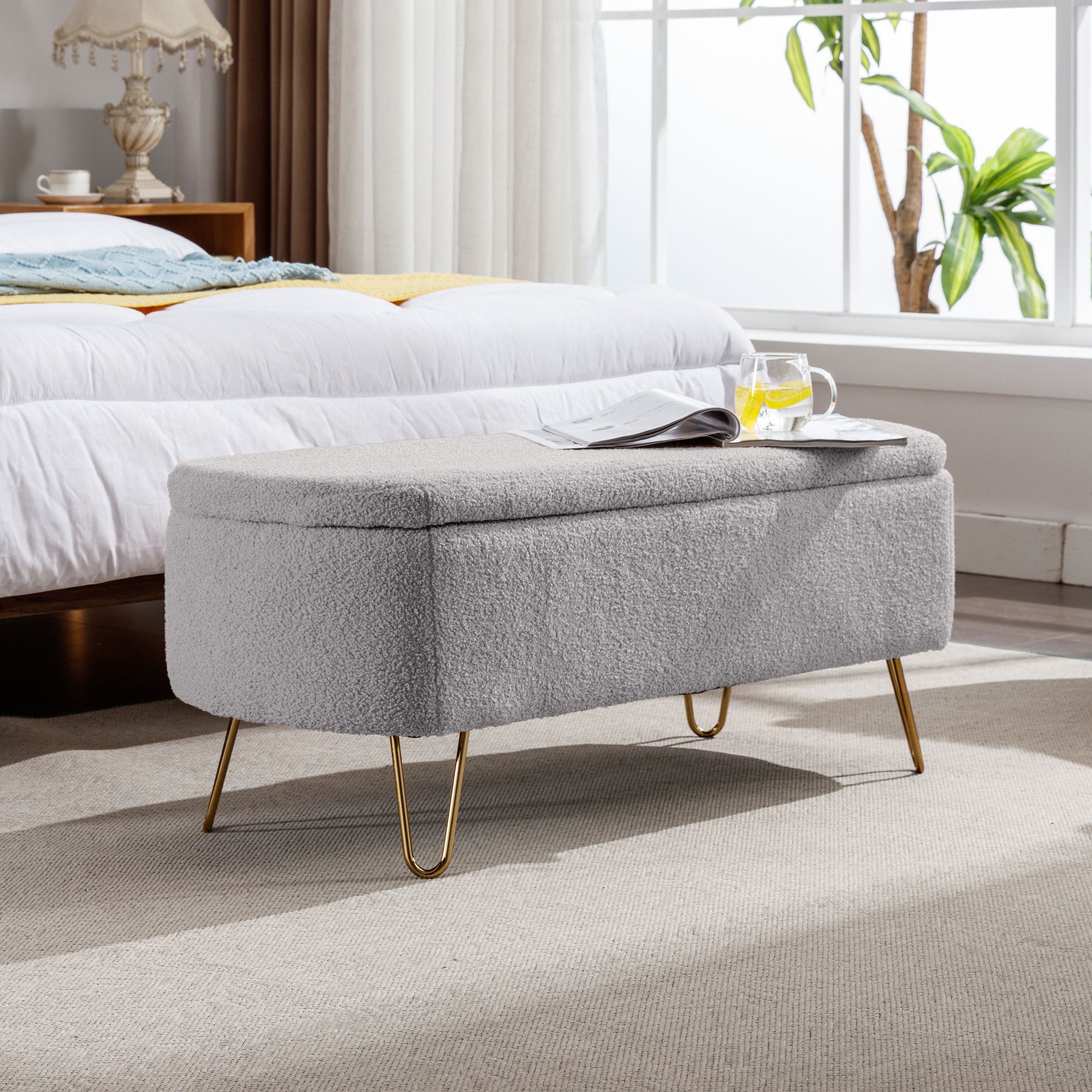 Modern Storage Ottoman Bench with Gold Legs (Grey)