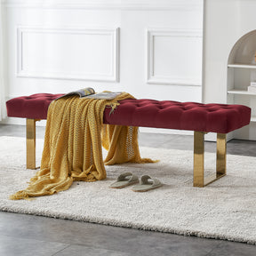 Velvet Upholstered Dark Burgundy Bench with Gold Metal Legs