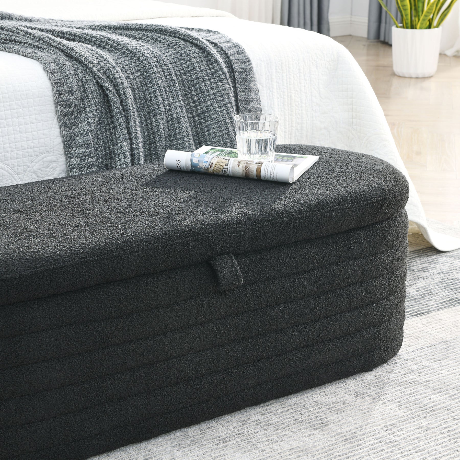 Modern Upholstered Fabric Storage Ottoman Bench with Safety Hinge (Black Teddy)