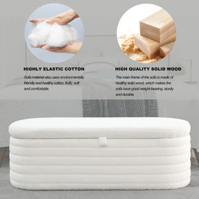 Modern Upholstered Fabric Storage Ottoman Bench with Safety Hinge (White Teddy)