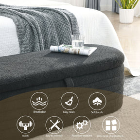 Modern Upholstered Fabric Storage Ottoman Bench with Safety Hinge (Black Teddy)