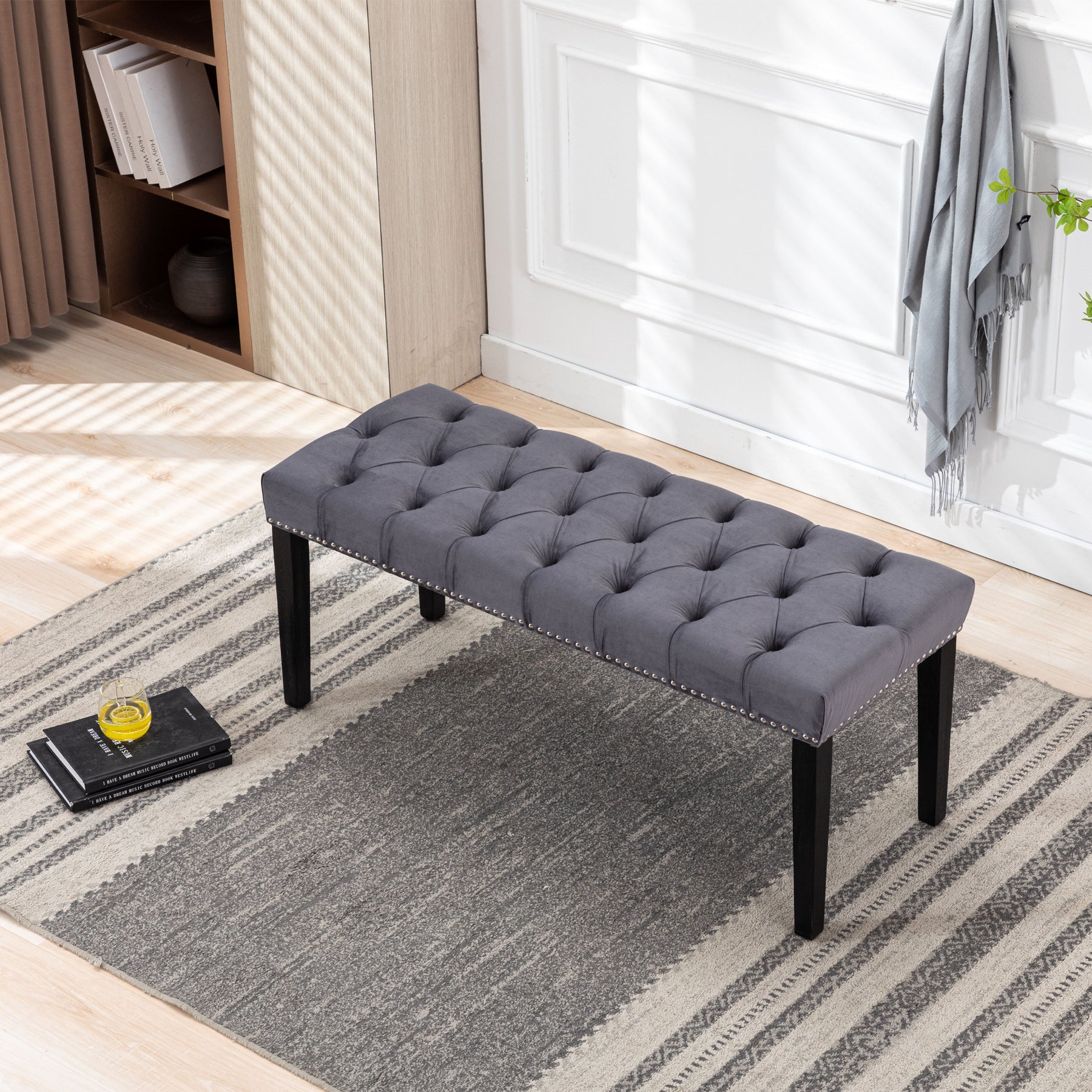 Gray Velvet Tufted Bench