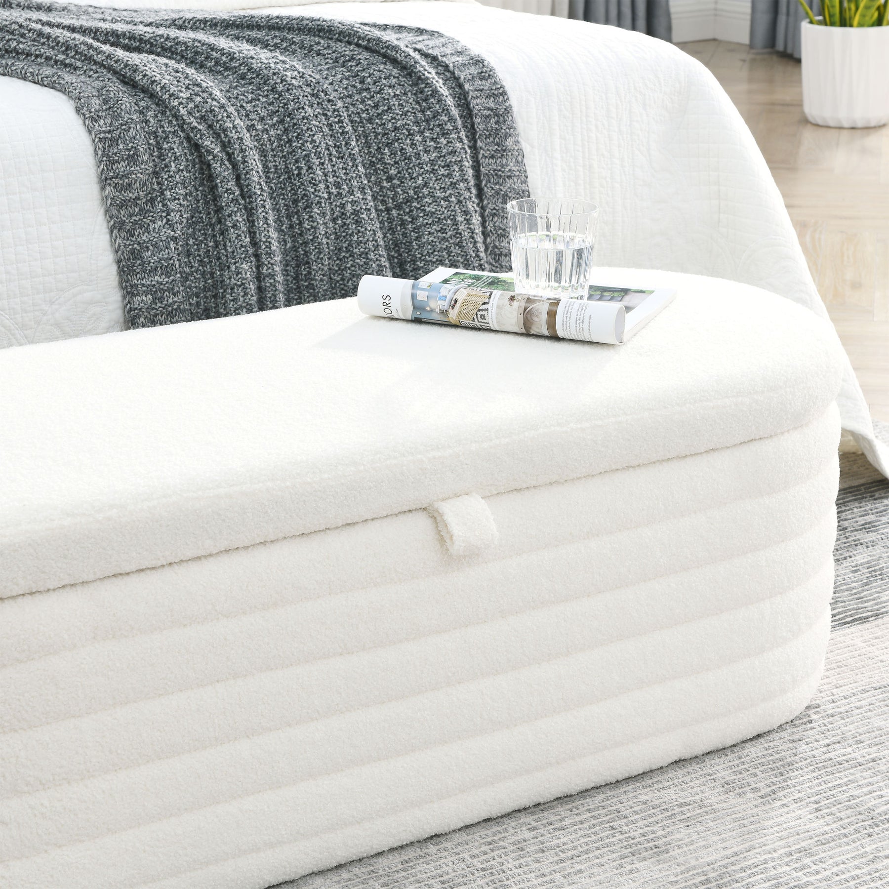 Modern Upholstered Fabric Storage Ottoman Bench with Safety Hinge (White Teddy)