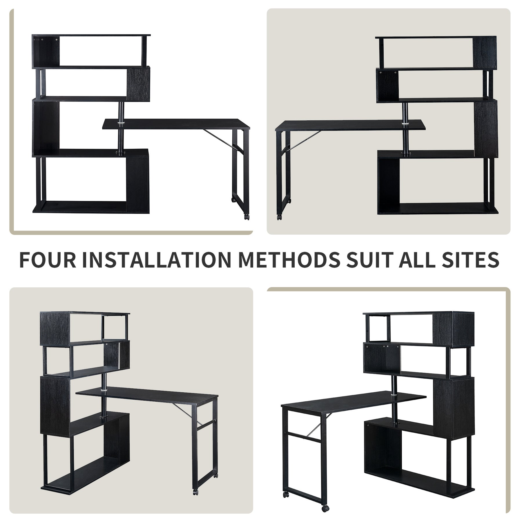 Rotating Computer Desk with 5-Story Bookshelf in Black