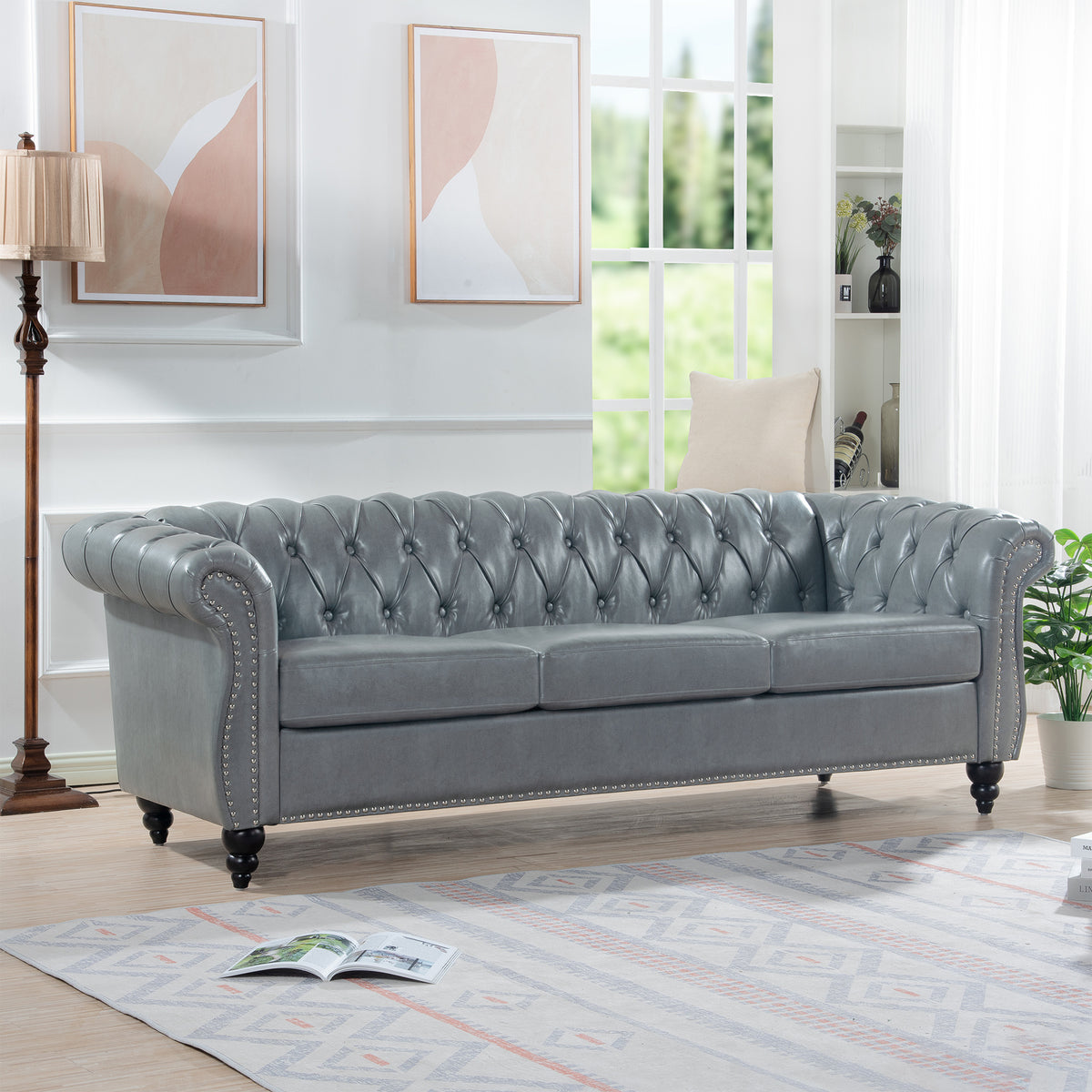 Gray Rolled Arm Chesterfield 3 Seater Sofa