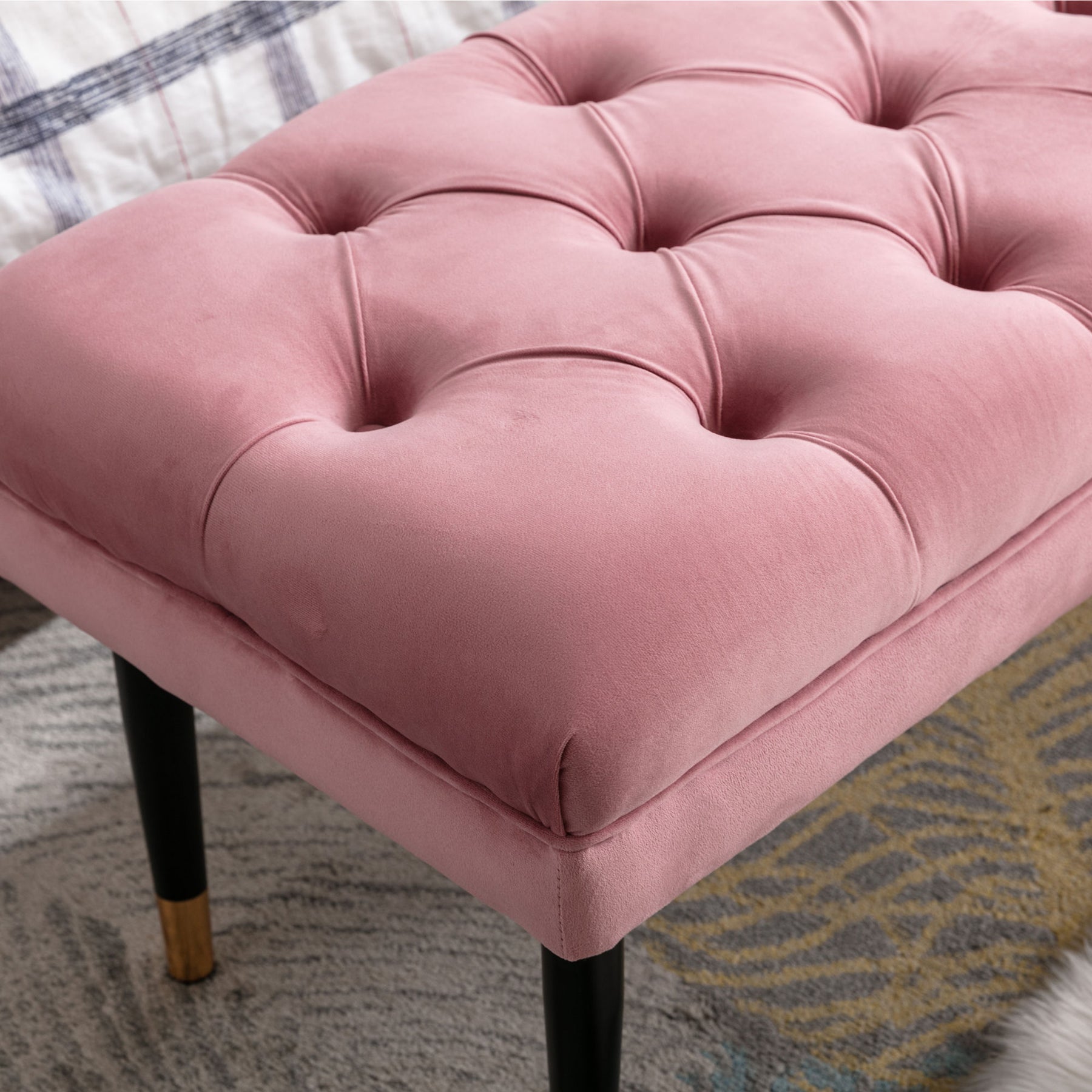 Modern Velvet Tufted-Button Ottoman Bench with Metal Legs (Pink)