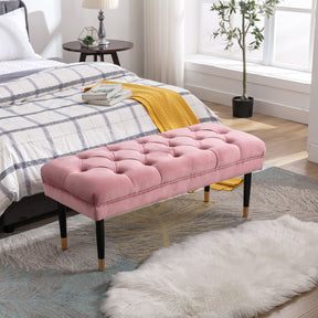 Modern Velvet Tufted-Button Ottoman Bench with Metal Legs (Pink)