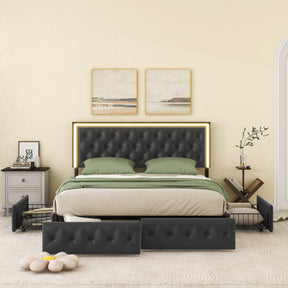 Queen Bed Frame with 4 Storage Drawers, PU Leather Platform